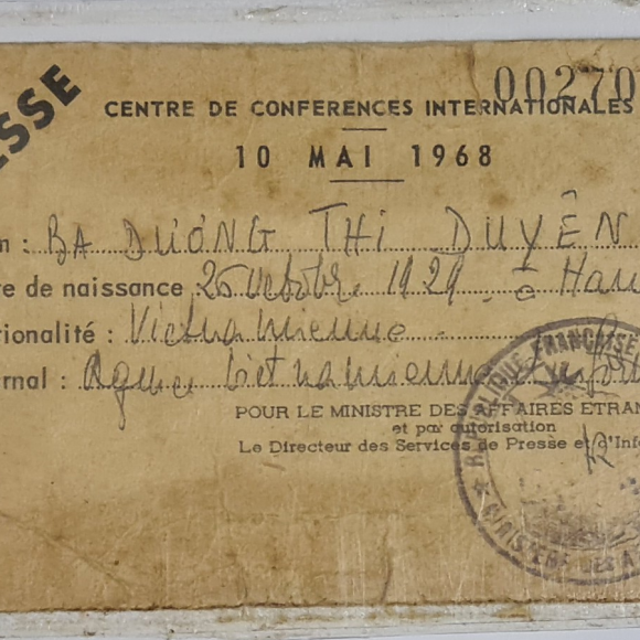 Press card of the only female reporter of the Democratic Republic of Vietnam at the Paris Peace Accords