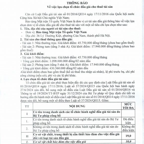 Bảo tàng Mặt trận Tổ quốc Việt Nam thông báo lựa chọn tổ chức đấu giá cho thuê tài sản Bảo tàng Mặt trận Tổ quốc Việt Nam thông báo lựa chọn tổ chức đấu giá cho thuê tài sản