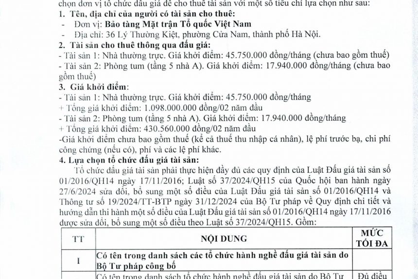 Bảo tàng Mặt trận Tổ quốc Việt Nam thông báo lựa chọn tổ chức đấu giá cho thuê tài sản
